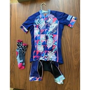 Colorful Tropical Cycling Bib and Jersey Set Women’s Size M/L Teal Purple Pink